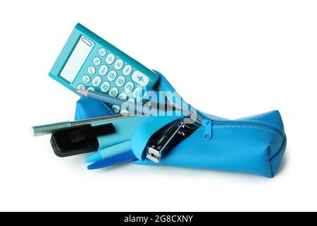 Pencil case with stationary isolated on white background Stock Photo