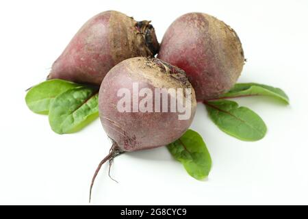 Ripe red beet with leaves on white background Stock Photo