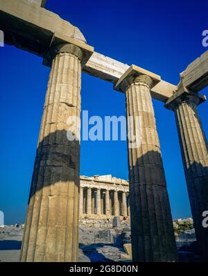 Athens, colonnade with Doric columns, Parthenon temple, Acropolis hill, Greece, Europe, Stock Photo