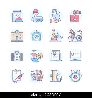 Help for animals - colorful line design style icon set. Images dedicated to pet care, veterinarian services. Food provision, cat and dog supplies, vet Stock Vector