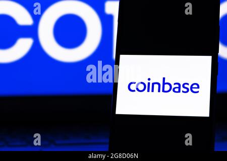 Editorial photo on Coinbase theme.  Illustrative photo for news about Coinbase - a company that operates a cryptocurrency exchange platform Stock Photo