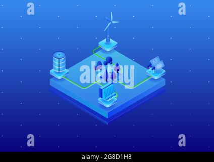 Concept of preserving nature by using renewable energy as 3D isometric vector illustration. Electricity generated by wind turbine, solar panel and wat Stock Vector