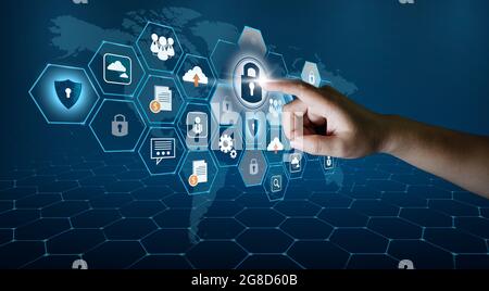 Highly secure IT device protection shield. blue background Stock Photo