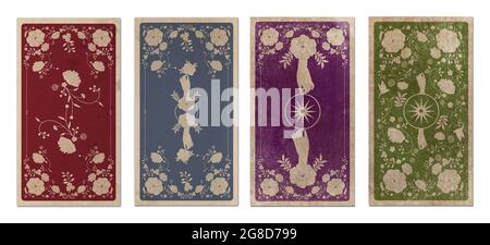 Back of Tarot card or playing card with floral ornamental elements and esoteric symbols on old paper. Victorian vintage style. Isolated on whhite back Stock Photo