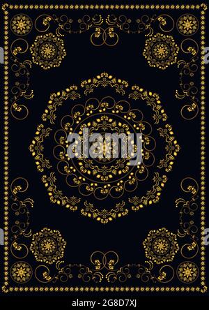 Vintage luxury gold frame with oriental calligraphic pattern on black background Stock Vector
