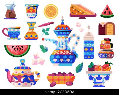 Oriental Tea Ceremony Set with Sweets and Kettles Stock Vector