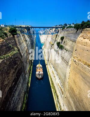 Canal of Corinth, cargo boat crossing, Isthmus of Corinth, Peloponnese, Greece, Europe, Stock Photo