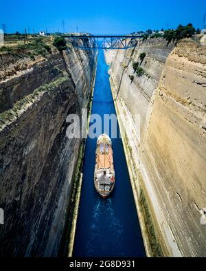 Canal of Corinth, cargo boat crossing, Isthmus of Corinth, Peloponnese, Greece, Europe, Stock Photo