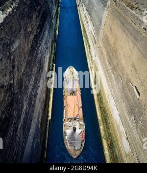 Canal of Corinth, cargo boat crossing, Isthmus of Corinth, Peloponnese, Greece, Europe, Stock Photo