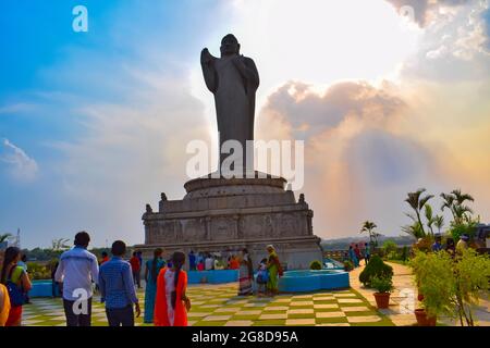 Bottom view of BUDDHA Statue touching the Sky. Buddha Statue at Hyderabad, AP, India. Stock Photo