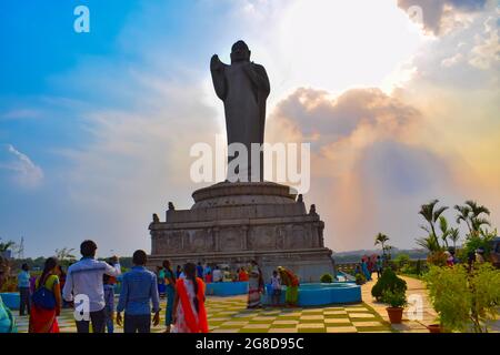 Bottom view of BUDDHA Statue touching the Sky. Buddha Statue at Hyderabad, AP, India. Stock Photo