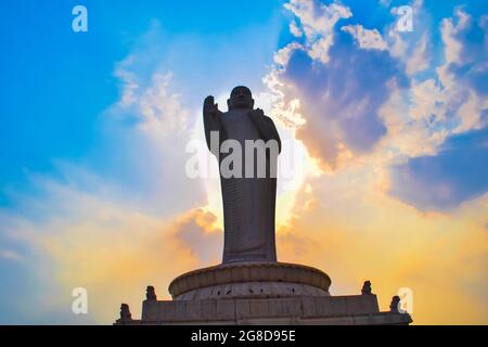 Bottom view of BUDDHA Statue touching the Sky. Buddha Statue at Hyderabad, AP, India. Stock Photo