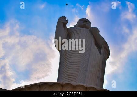 Bottom view of BUDDHA Statue touching the Sky. Buddha Statue at Hyderabad, AP, India. Stock Photo