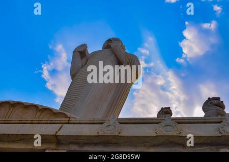 Bottom view of BUDDHA Statue touching the Sky. Buddha Statue at Hyderabad, AP, India. Stock Photo