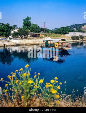 Vintage car ferry crossing the Canal of Corinth, Isthmia, Peloponnese, Greece, Europe,