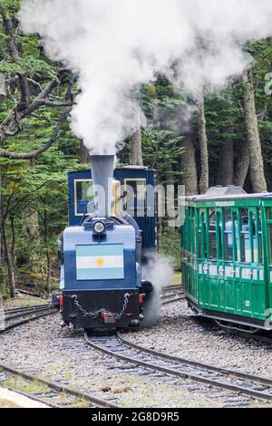 TIERRA DEL FUEGO, ARGENTINA - MARCH 7, 2015: Tourist steam train in National Park Tierra del Fuego, Argentina Stock Photo