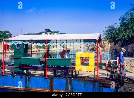 Vintage car ferry crossing the Canal of Corinth, Isthmia, Peloponnese, Greece, Europe,