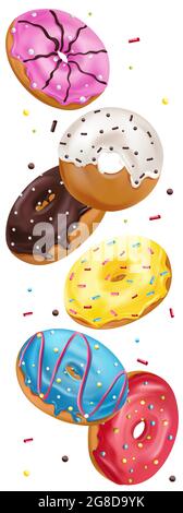 Colorful donuts with pink, chocolate, blue, yellow and white icing and sprinkles. Falling glazed sweet buns on white background. Realistic icon. Vector illustration Stock Vector