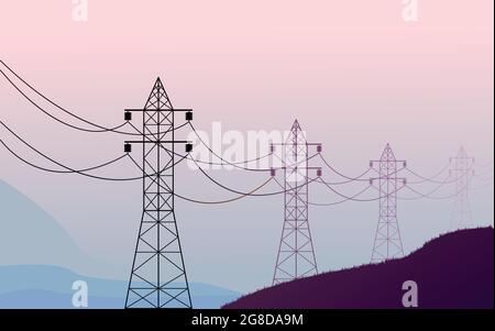 High voltage power line in the early morning. Stock Vector