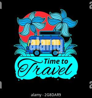 Travel typographic banner with inspirational quote It s time to travel , sun, sea waves, ocean on white background in blue colors. Vector hand drawn t Stock Vector