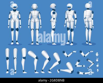 Robot android character. Futuristic cyborg artificial intelligence mascot poses for animation. Humanoid robot constructor element vector set Stock Vector