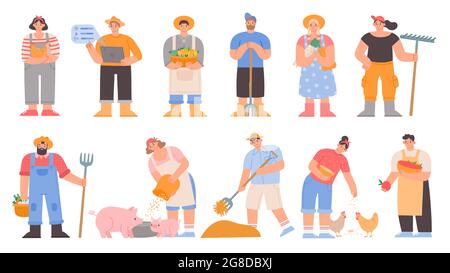 Cartoon farmers. Agricultural workers hold vegetables and farming tools, feed pig and chickens, dry hay. Garden or farm character vector set Stock Vector
