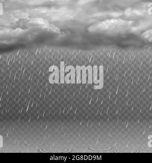 Realistic rain cloud. Dark stormy sky, falling water drops, clouds and ripples in puddles. Rainy weather effect isolated vector background Stock Vector