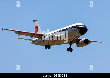 British Airways Airbus A319-131(REG: G-EUPJ) in British European Airways (BEA) retro colours for British Airways 100 years (1919-2019) celebrations. Stock Photo