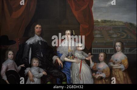 The Capel Family. Arthur Capel (1604-1649), 1st Baron Capel of Hadham, his wife Elizabeth Morrison (d.1661), Henry Capel (1638-1696) on the lap of his mother. Standing, from left to right: Arthur Capel (1632-1683), Charles Capel (d.1657), Elizabeth Capel (1633-1678) and Mary Capel (1630-1715). Portrait by Cornelius Johnson (1593-1661). Oil on canvas (160 x 259,1 cm), ca.1640. National Portrait Gallery. London, England, United Kingdom. Stock Photo