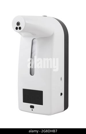 Hand sanitizer dispenser with temperature sensor and screen isolated on white background side view. Automatic alcohol dispenser. Stock Photo