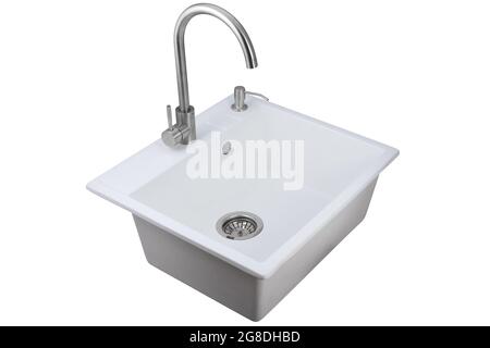 White artificial stone sink for kitchen with tap isolated on white background. Stock Photo