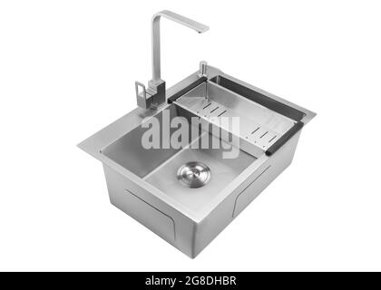 Stainless steel sink for kitchen with tap and colander isolated on white background. Stock Photo