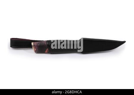 Hunting knife in a leather black case isolated on a white background. Stock Photo