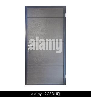 Gray metal front door to the house on a white background. Interior side of gray entry door isolated on white background Stock Photo