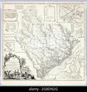 A Map of the Province of South Carolina with all the Rivers, Creeks, Bays, Inletts, Islands, Inland Navigation, Soundings, Time of High Water on the Sea Coast, Roads, Marshes, Ferrys, Bridges, Swamps, Parishes Churches, Towns, Townships; Country Parish District and Provincial Lines. by James Cook.  Date 1773 Stock Photo