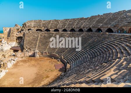 Ancient ruins and amphitheatre in Side Antalya, Turkey. Stock Photo