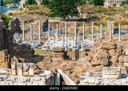 Ancient ruins and amphitheatre in Side Antalya, Turkey. Stock Photo