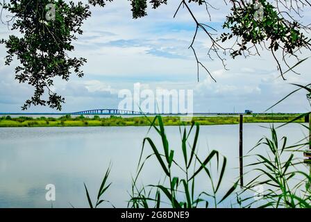 The Dauphin Island Bridge, formerly the Gordon Persons Bridge, is pictured from Blue Heron Park, July 7, 2021, in Dauphin Island, Alabama. Stock Photo