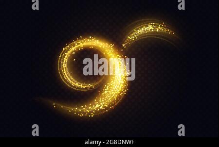 Golden luminous swirl shape, abstract light effect vector illustration. Luxury sparkling neon trail of flying stars, shiny magic swirling gold spirals, sparkle motion on transparent black background Stock Vector