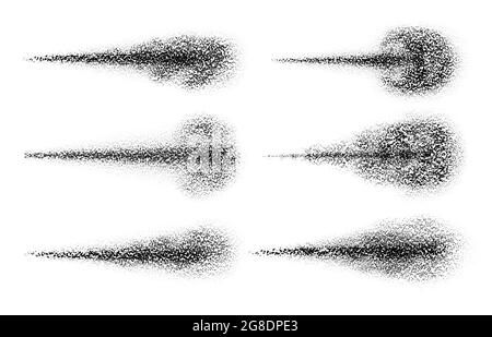 Spray black. Water particles jet texture. Spreading powder, mist, steam cloud or dust. Perfume, aerosol or cosmetic spray effect vector set Stock Vector