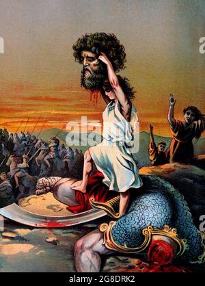 David raises the head of Goliath as illustrated by Josephine Pollard (1899) Stock Photo