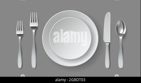 Realistic table serving. Round dining plate with forks, knife and spoon. Restaurant empty dish and cutlery close up top view vector mockup Stock Vector