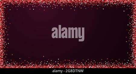 Red gold glitter luxury sparkling confetti. Scattered small gold particles on red maroon background. Bold festive overlay template. Neat vector illust Stock Vector