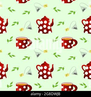 Tea pair - teapot and cup. The dishes are red with white polka dots. Vector seamless pattern Stock Vector