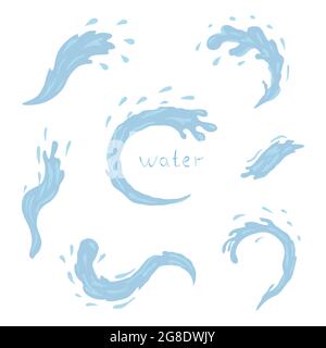 Water and drop icons. Blue waves and water splashes set Stock Vector