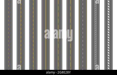 Empty straight roads. Vertical top view. Set of highways with different markings. Seamless roadway templates isolated on white background. Carriageway elements of city map. Vector flat illustration. Stock Vector