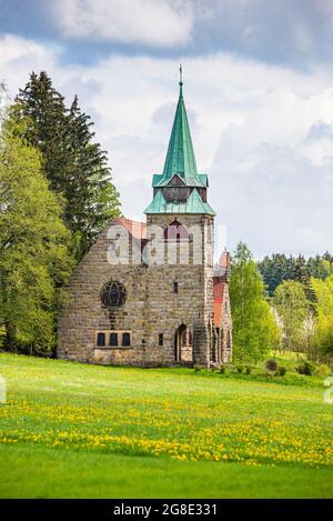 Romantic neo gotic Church Of The Divine Heart Of The Lord in small village Borovnicka in Podkrkonosi region in Spring Stock Photo