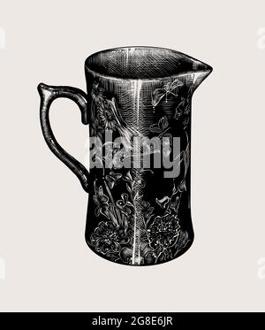 Hand drawn sketch of a jug with flowers isolated on beige background. Vector illustration for posters and print Stock Vector