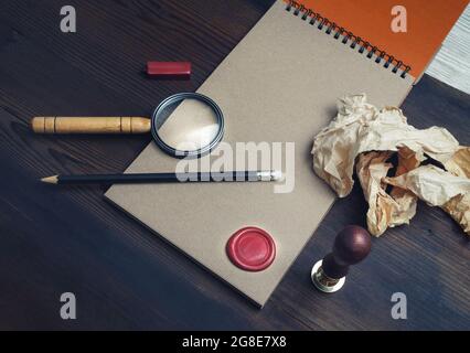 Blank vintage stationery set on wooden background. Retro branding mock up. Stock Photo