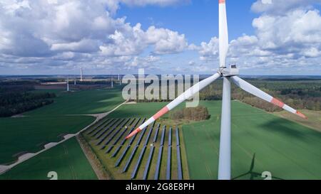 Aerial view, wind power plant, Suedergellersen, Lower Saxony, Germany Stock Photo